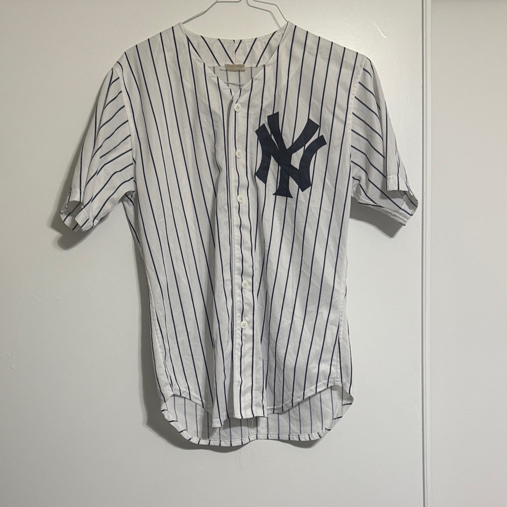 Yankees Rawlings White and Navy Striped Jersey